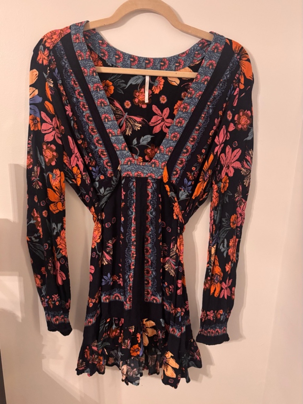 Free People Black Floral Mini Dress/Tunic with Pink and Orange Blooms